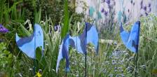 Small, butterfly sculpture shaped flags decorating flower beds in a garden.